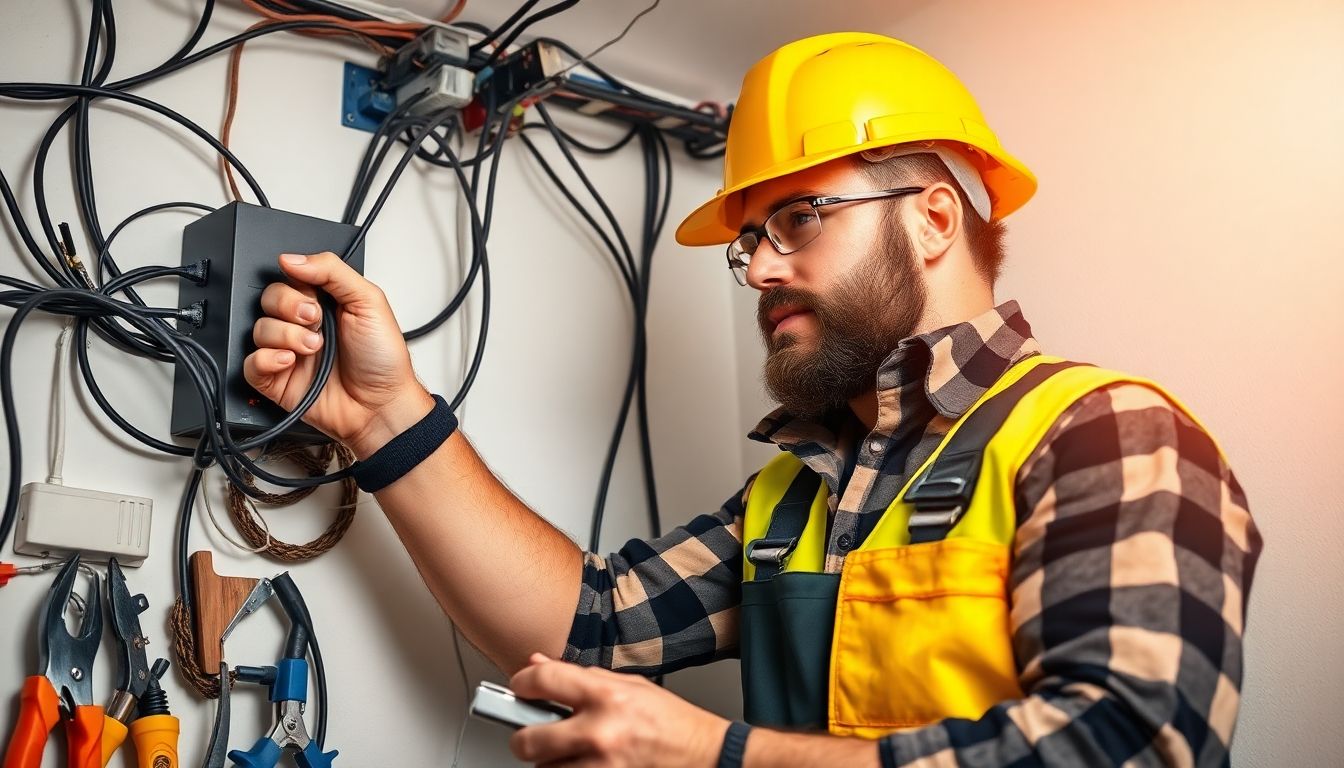 Electrician working on home wiring maintenance.