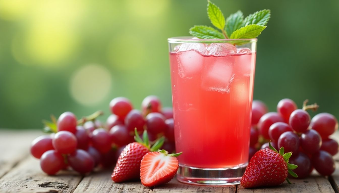 Strawberry Grape Fusion juice with fresh fruits.