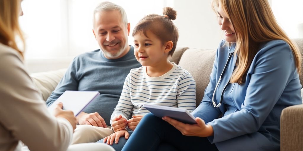 Child, parent, and healthcare professional discussing health.