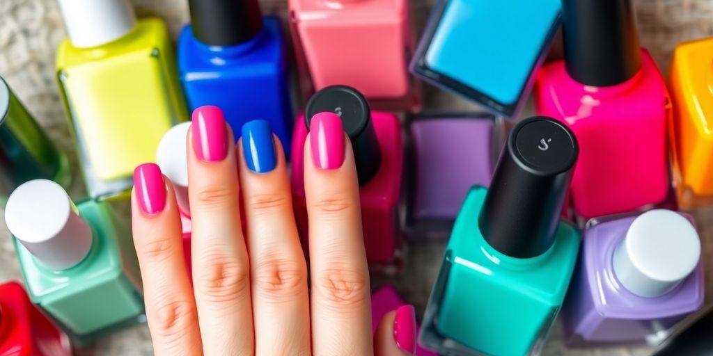 Colorful nail polish bottles with a perfect manicure hand.