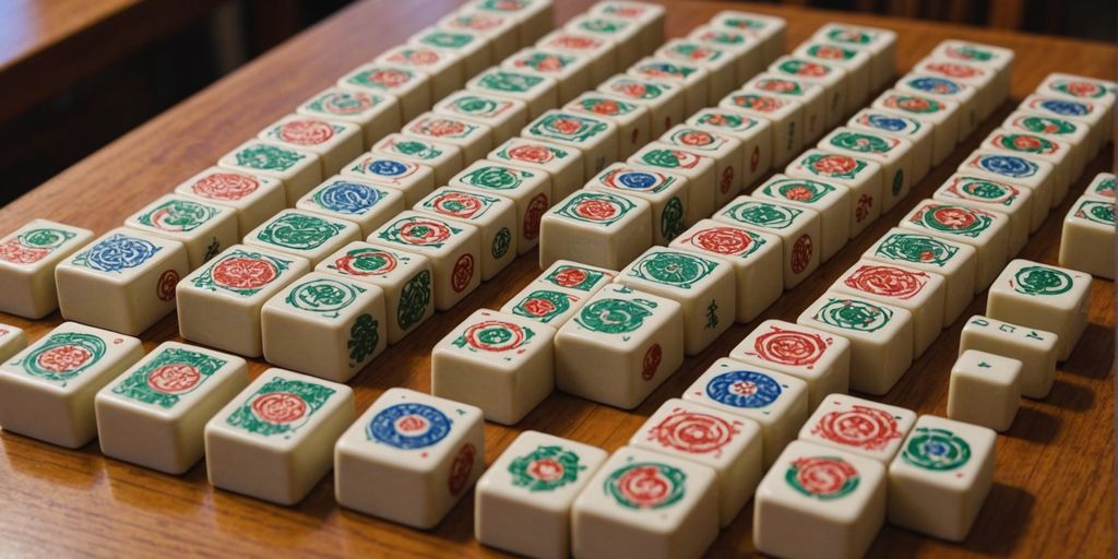 Colorful Mahjong tiles on a wooden table.