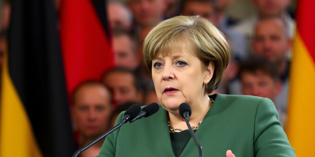 Angela Merkel speaking at a podium in Germany.