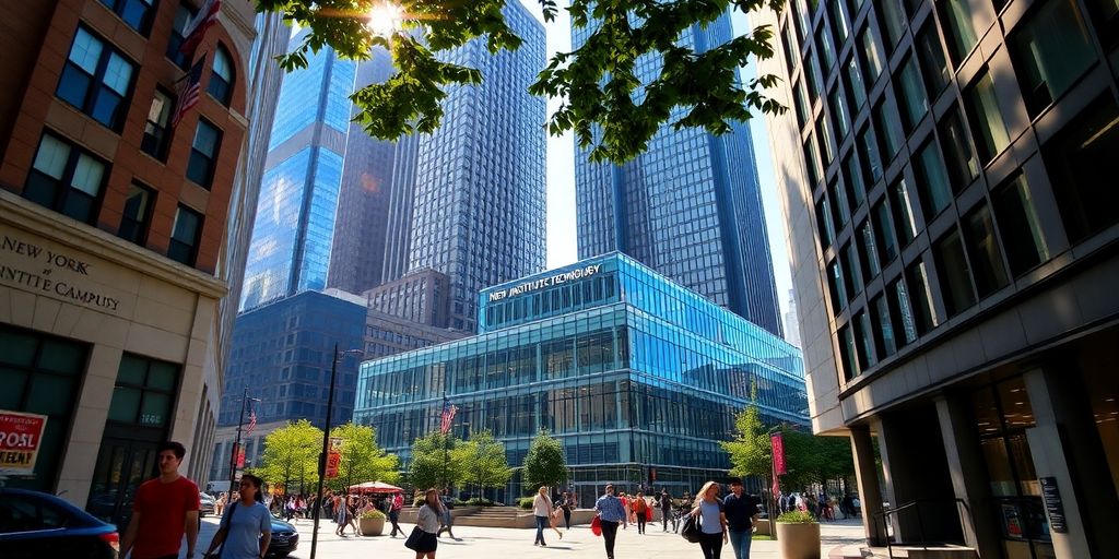 NYIT Manhattan campus building with students on a city street.