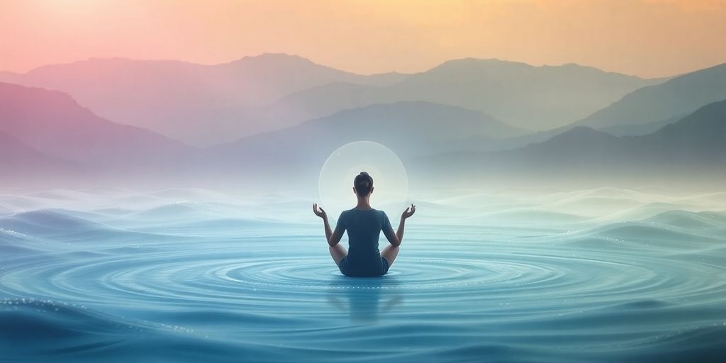 Person meditating in a peaceful landscape with energy waves.