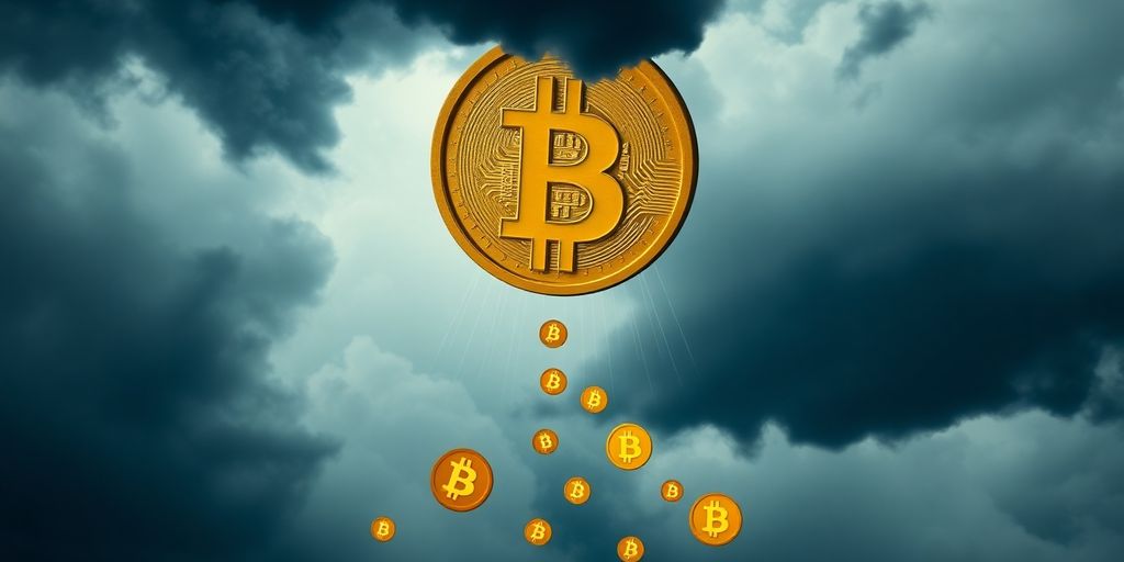 Bitcoin icon falling through dark clouds.