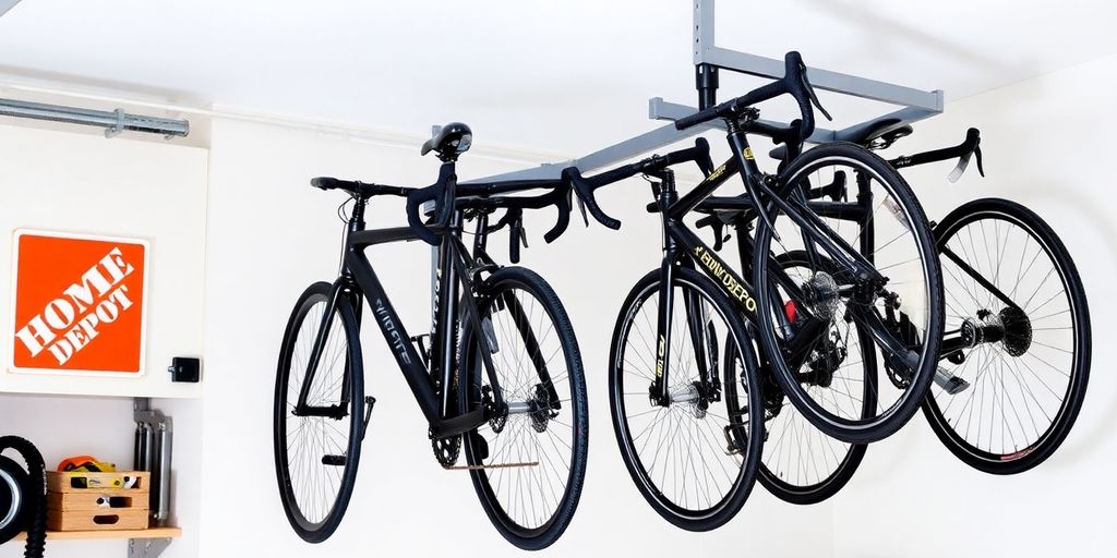Garage with bikes on Home Depot hanging bike rack.