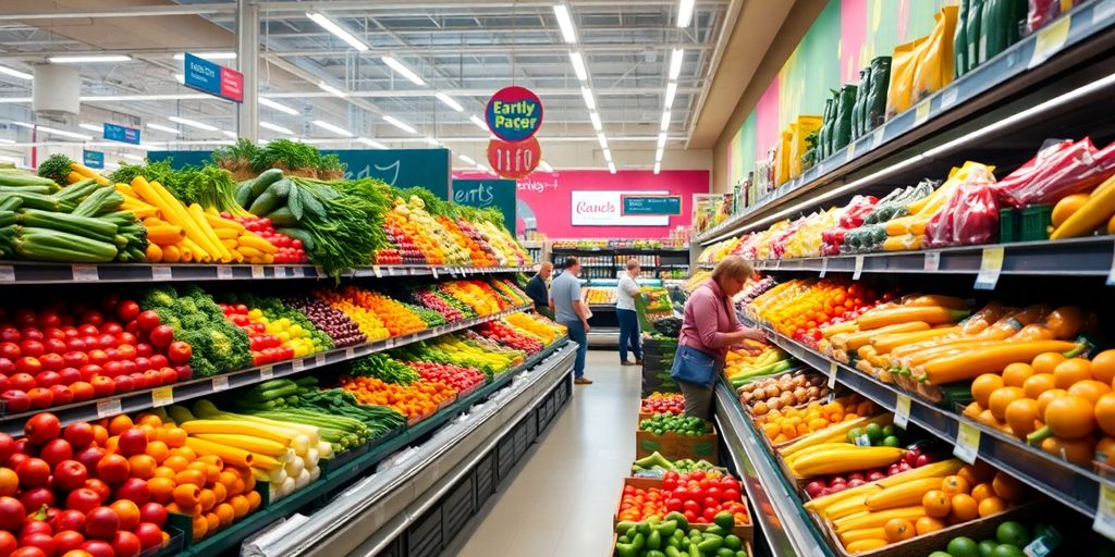 Colorful grocery store aisle with fresh produce and shoppers.