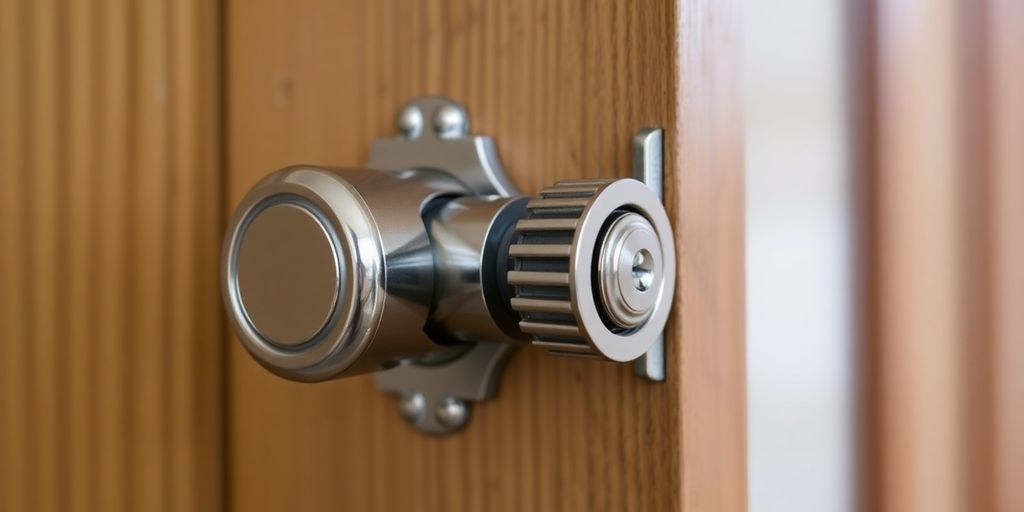 Close-up of a mortise lock on a wooden door.