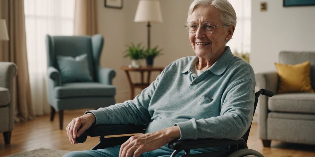 Elderly person in a modern wheelchair with a caregiver adjusting it in a cozy living room.