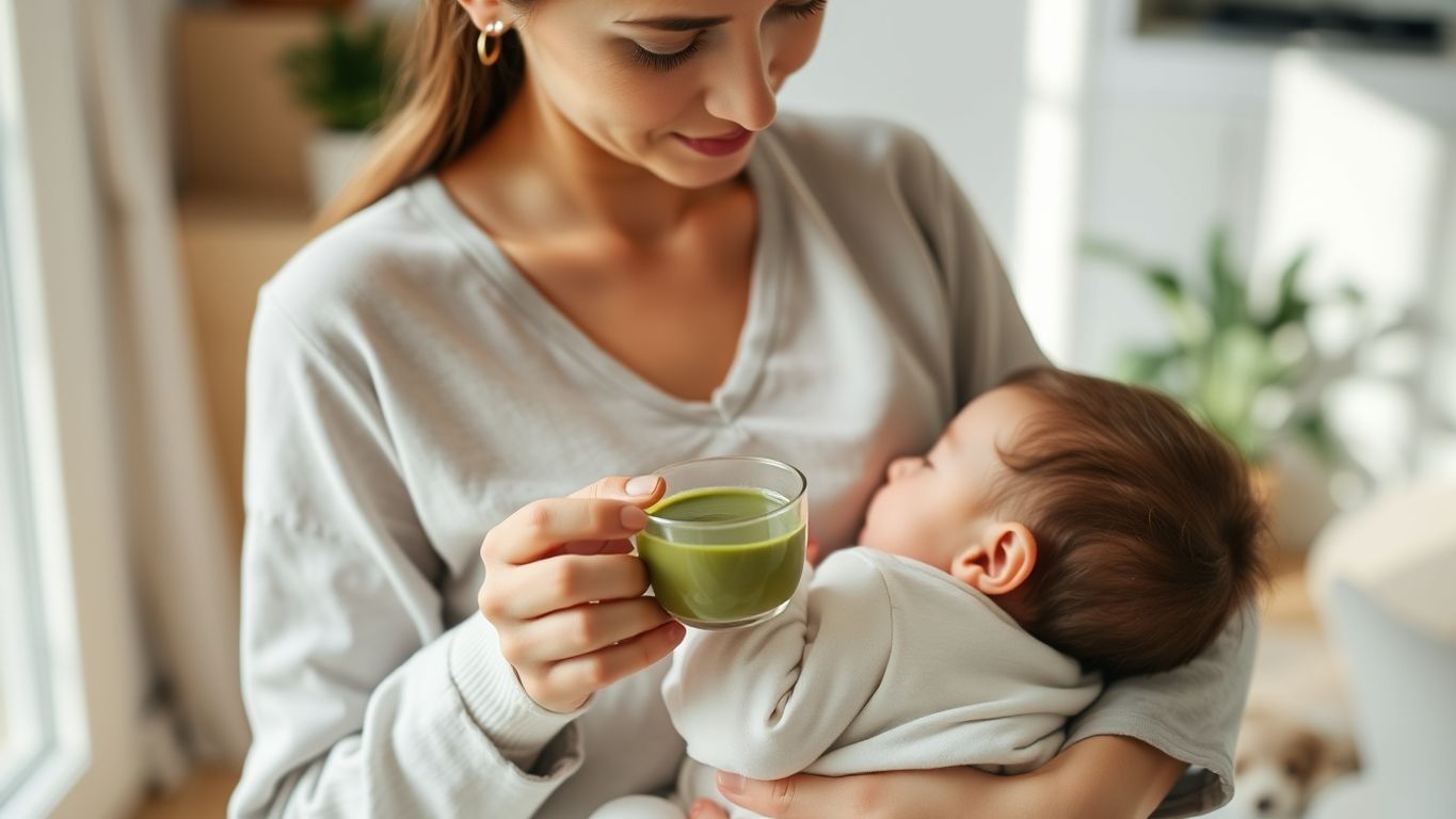 Mother breastfeeding with matcha tea