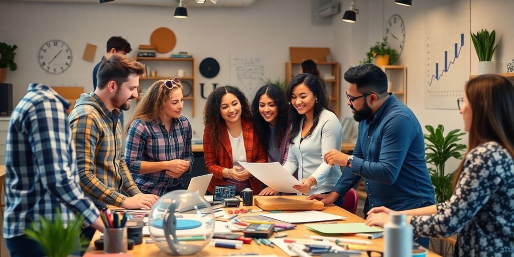 Diverse entrepreneurs collaborating in a creative workspace.