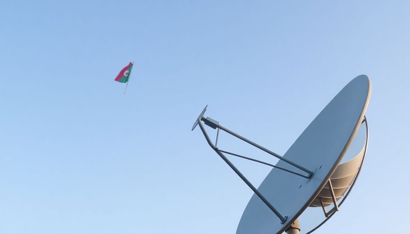 Satellite dish receiving signals with Algerian flag colors.