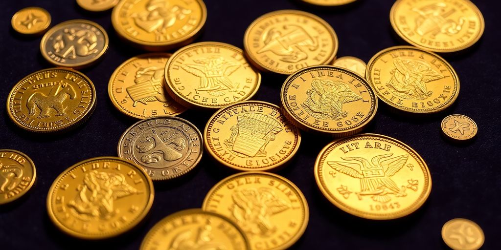 Des pièces d'or rares sur un tissu en velours.