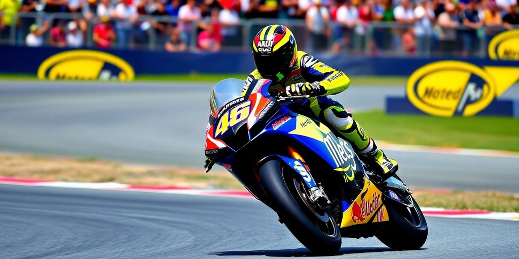 Valentino Rossi racing on a motorcycle at a MotoGP event.