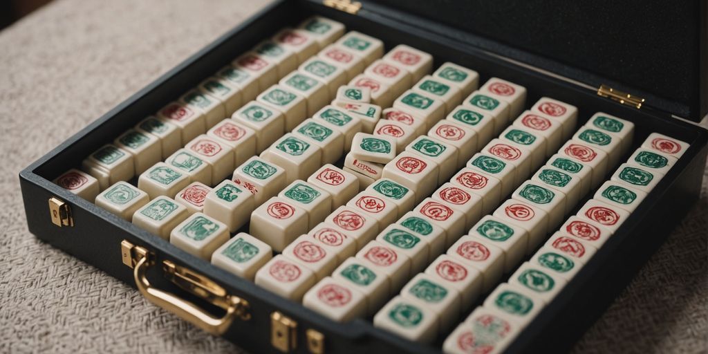 Compact storage case with neatly arranged Mahjong tiles.
