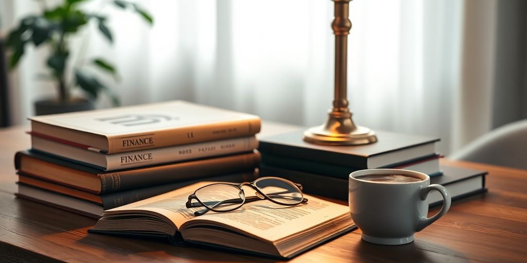 Neat stack of finance books next to glasses and coffee.