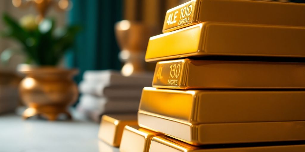 Barres d'or empilées dans un cadre luxueux.
