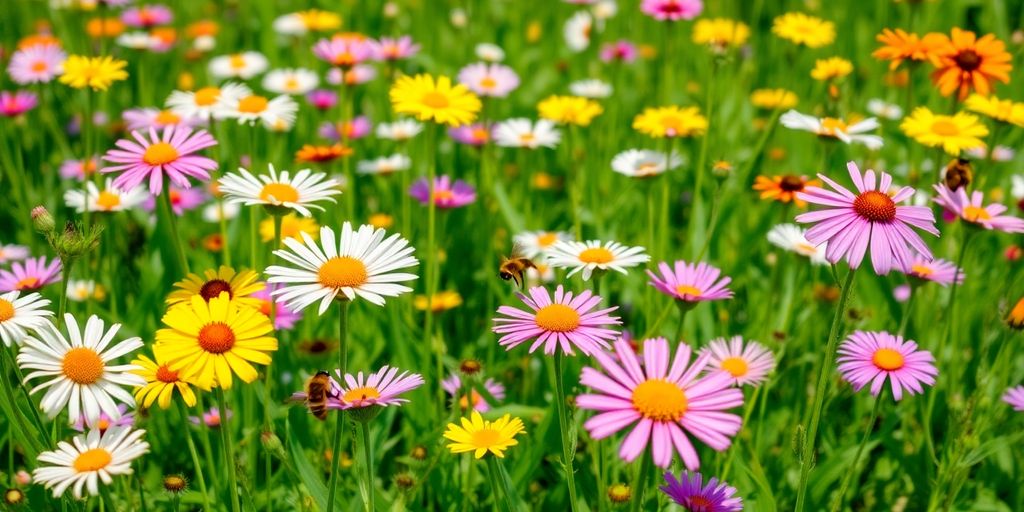 Blühende Wildblumenwiese im Sonnenschein.
