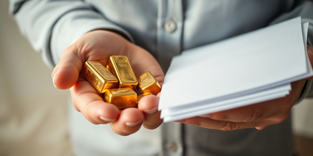 Main tenant des lingots d'or et des documents