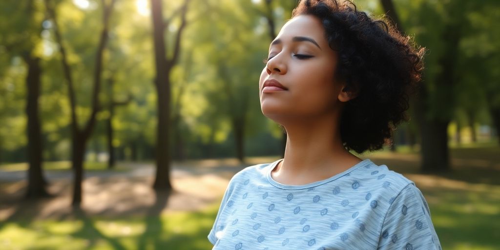 Person practicing deep breathing in a peaceful outdoor setting.