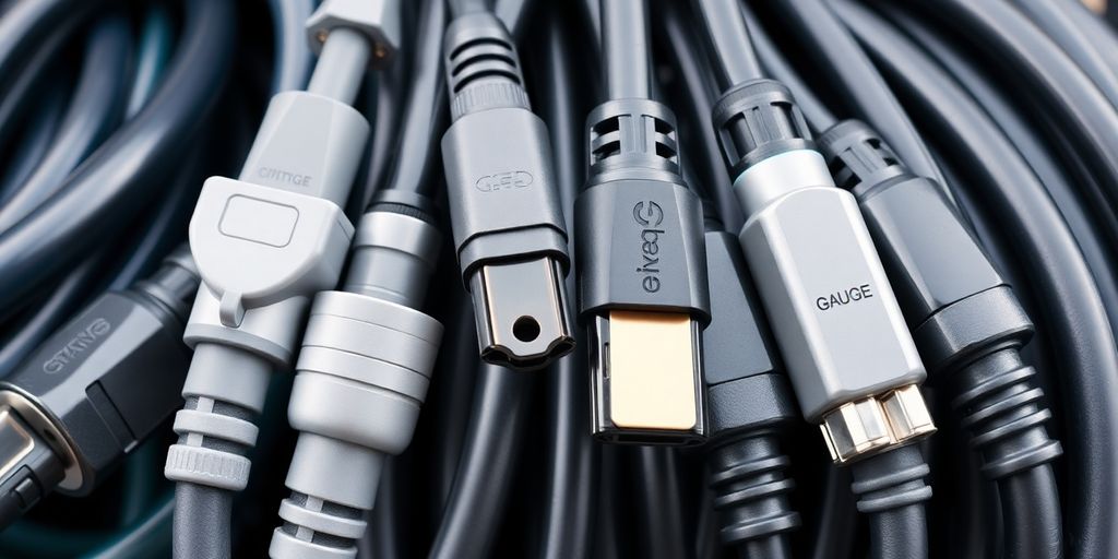Various electric vehicle charging cords with different gauges.