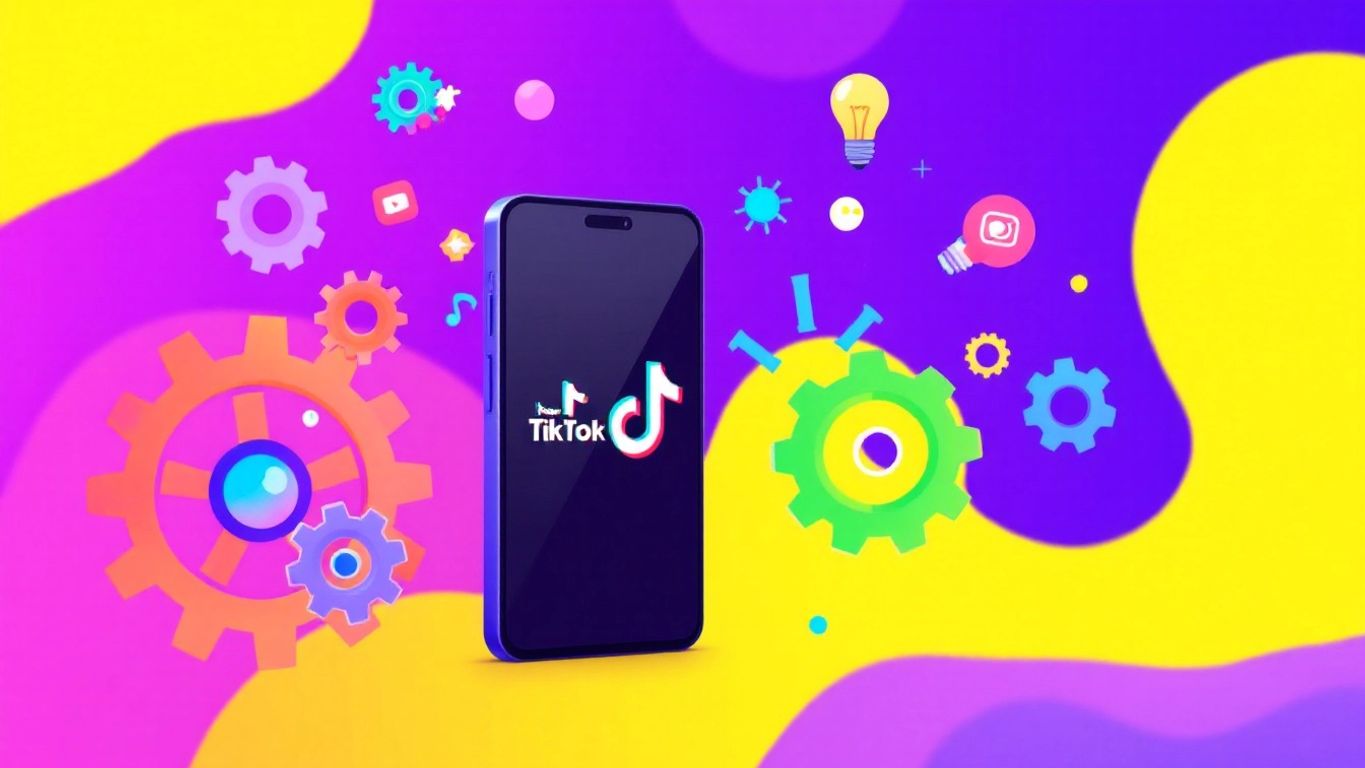 Smartphone with TikTok logo and automation tools around it.