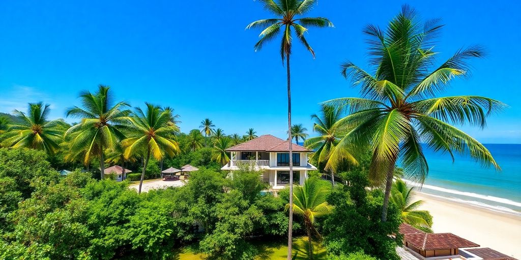 Beachfront property in Phuket with palm trees and waves.