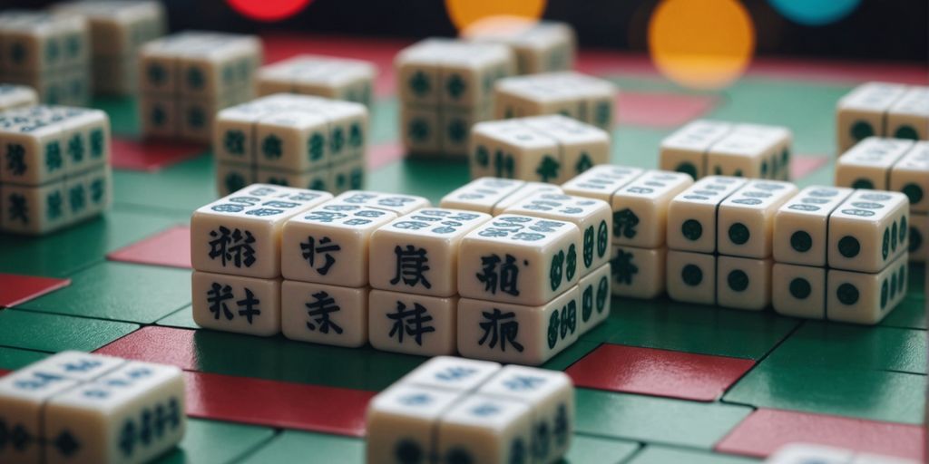 Mahjong tiles and strategy tips on colorful background.