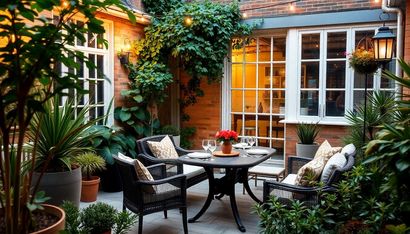 Cozy patio dining area with greenery in London garden.