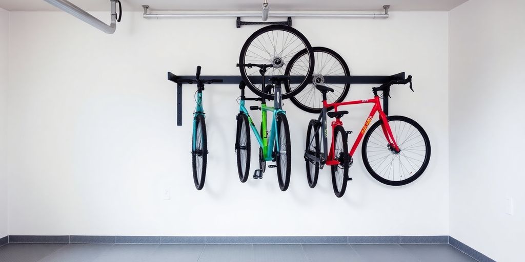 Wall-mounted bike rack with colorful bicycles in garage.