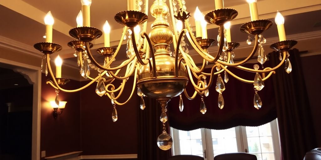 Luxurious brass chandelier hanging in a modern dining room.