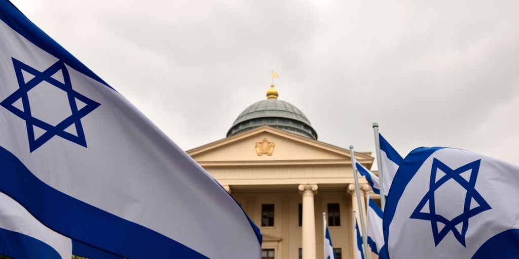 Israeli flags and the Knesset building.