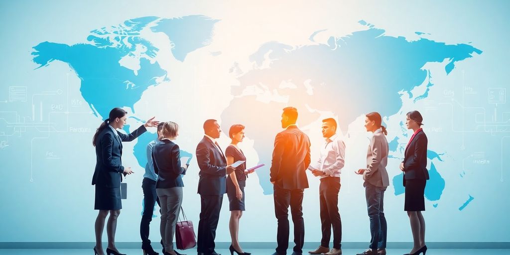 Diverse professionals collaborating on global patent translation efforts.