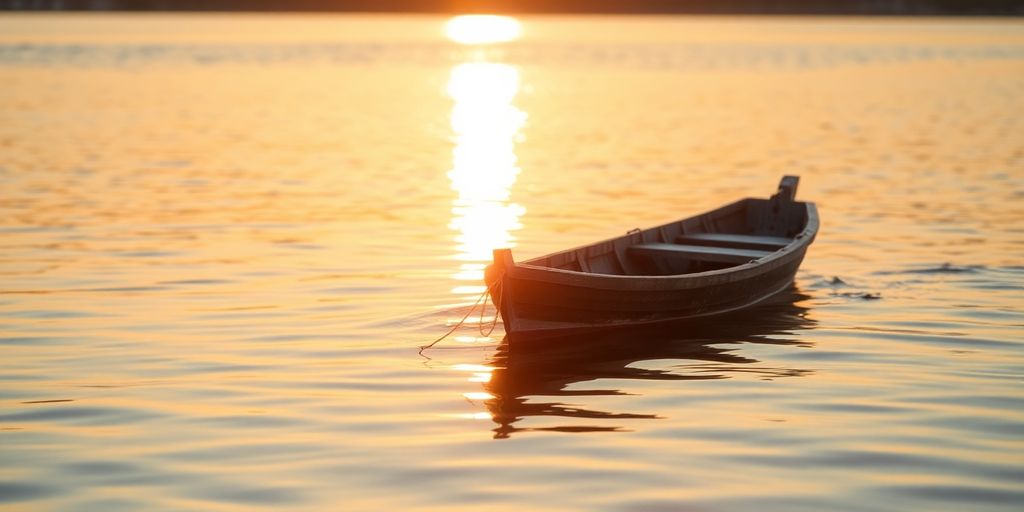 Small boat floating on calm water at sunset.