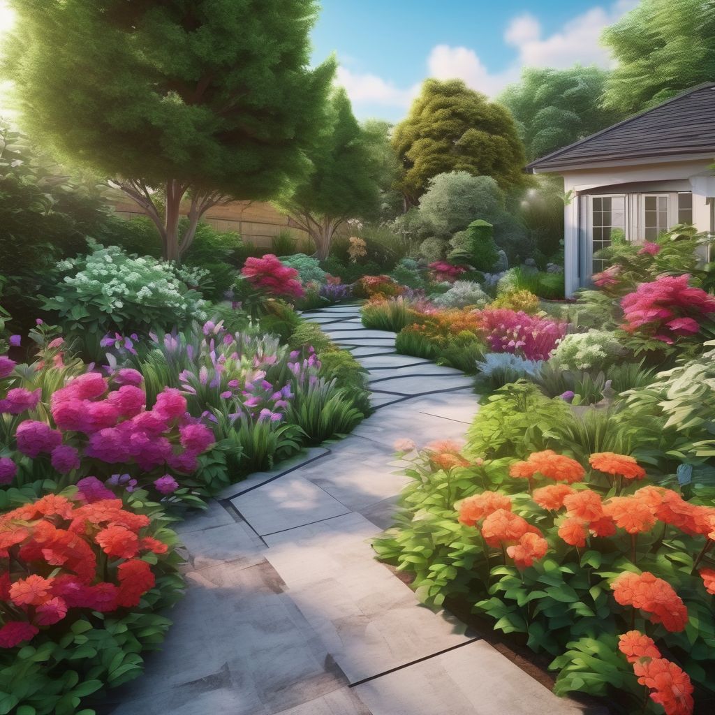 beautiful garden landscape design with colorful flowers and greenery
