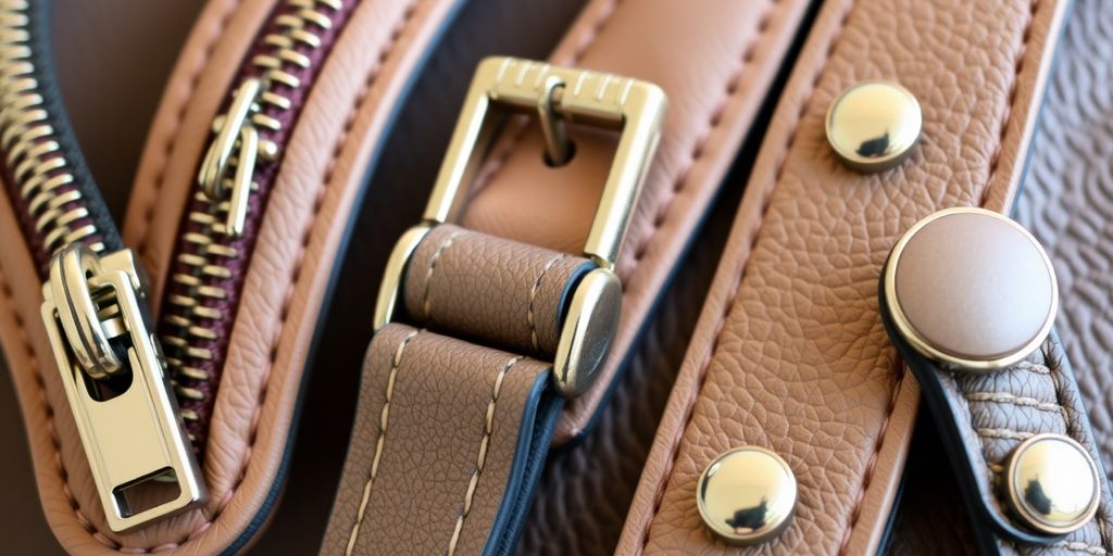 Diverses fermetures de sacs : zippe, bouton, boucle.