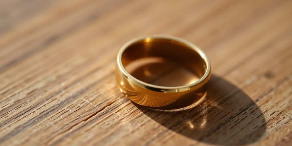 Une bague en or sur une surface en bois.