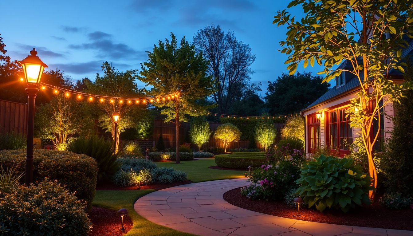 Beautifully lit garden at dusk