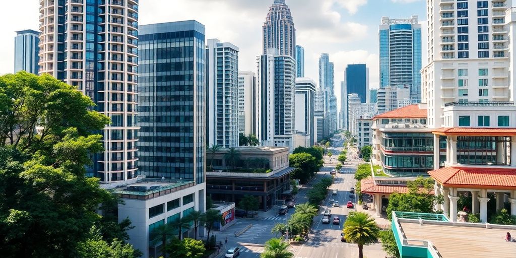 Kuala Lumpur cityscape with modern buildings and greenery.