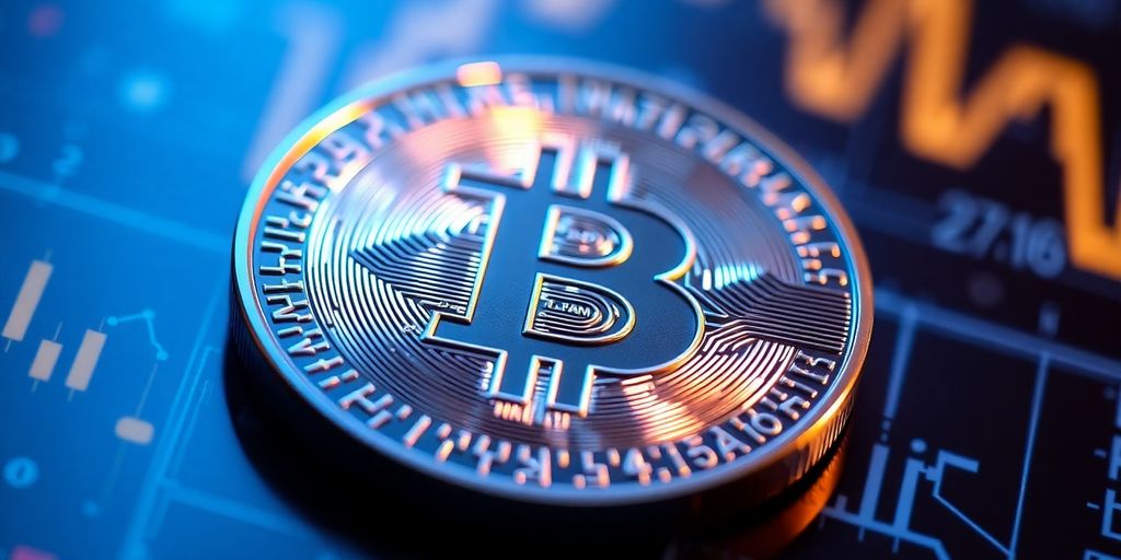 Close-up of a digital currency coin with blue lighting.