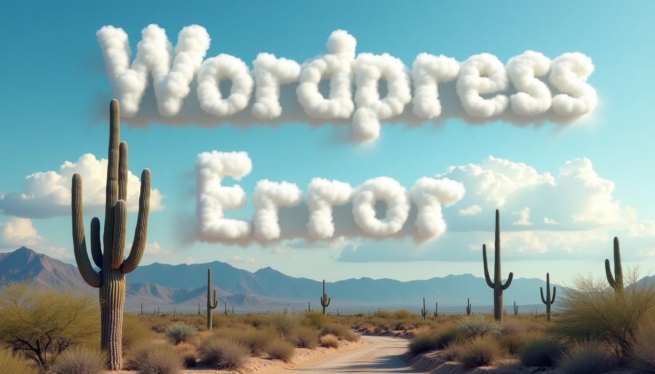 Clouds spelling 'WordPress Error' over Tucson landscape.