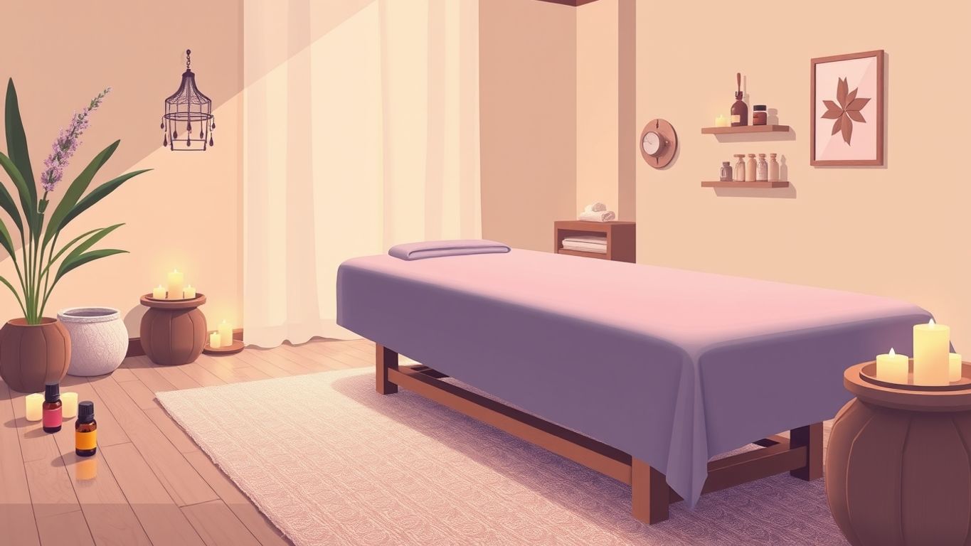 Serene spa setting with massage table and essential oils