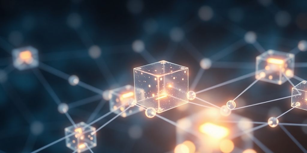 Glowing interconnected digital blocks, secure transaction
