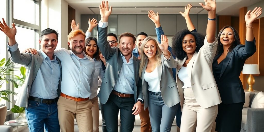 Group of diverse people celebrating success in office.