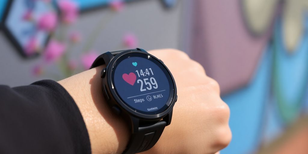 Relógio Garmin em pulso, mostrando métricas de saúde.