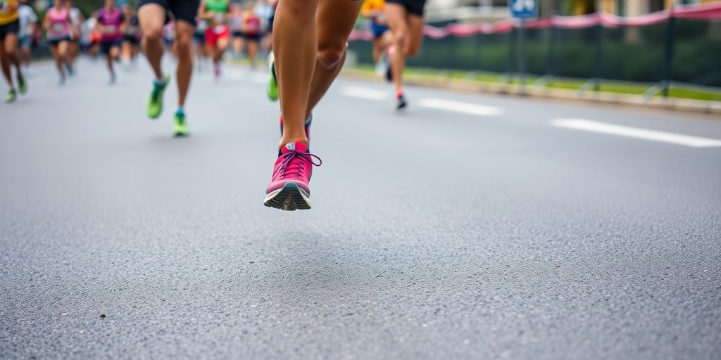 Runner's feet on marathon course with blurred background.