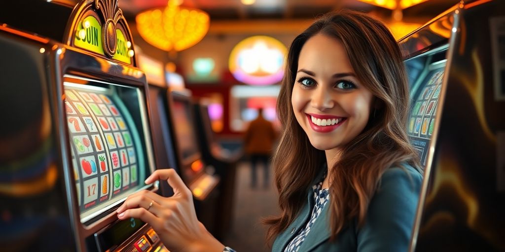 Woman smiling playing a classic slot machine.