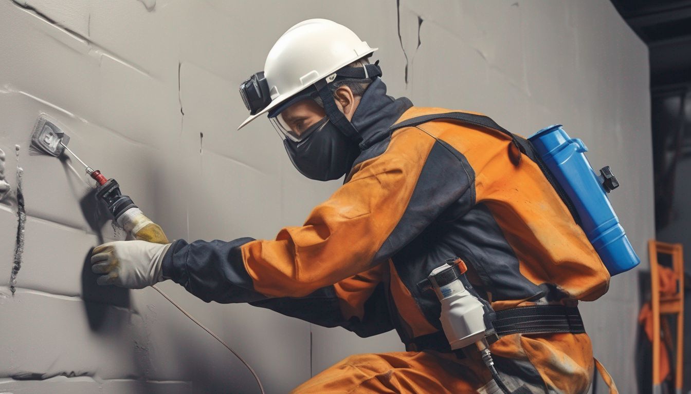 person painting a wall with safety gear