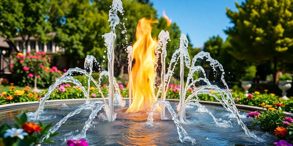 آب و آتش در یک باغ زیبا و سرسبز