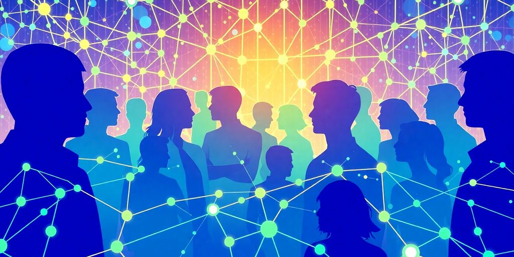 Illustrative image of interconnected digital identities and network patterns.
